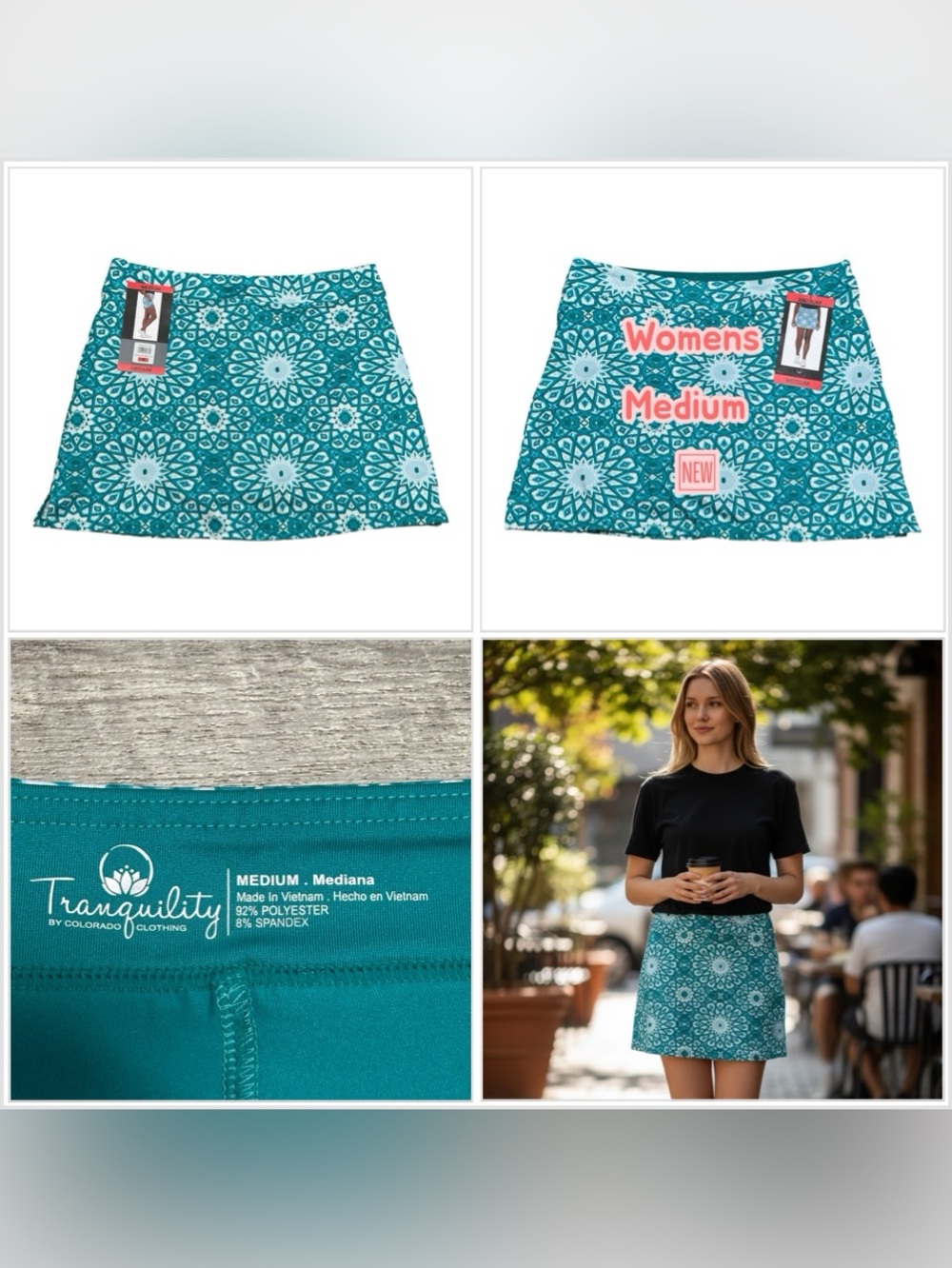 Womens Tranquility Medium Skort Attached Short Skirt Teal White Golf Stretch NWT